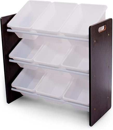 Humble Crew Organizador de juguetes de 9 compartimientos Journey Natural Espresso con contenedores de plástico blanco, solución de almacenamiento de