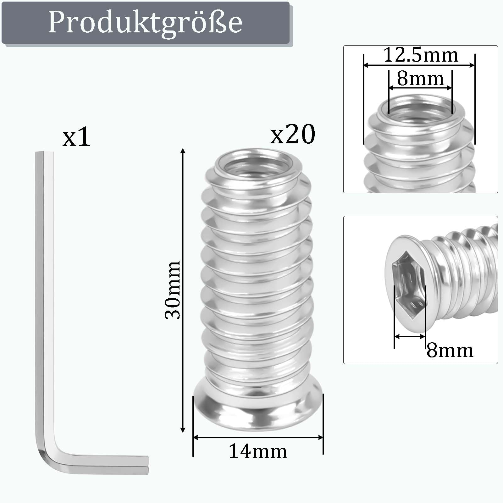 20 dadi di avvitamento M8, M8 x 30 mm, inserto filettato in legno, per mobili in legno