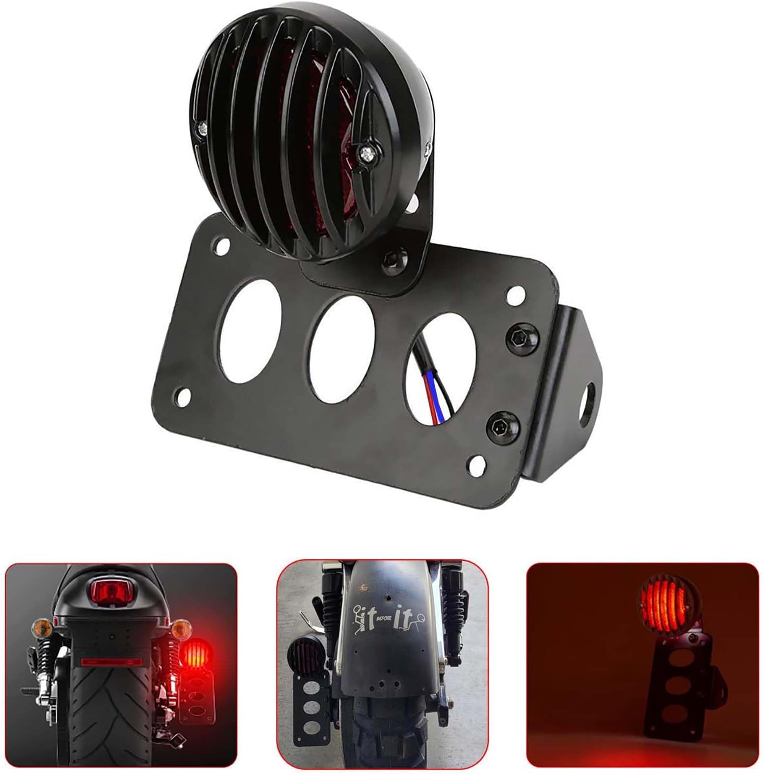 Motorcycle Tail Light Brake Light 12V Running Light Indicator Lights License Plate Light Stop Light with Bracket - Black Shell + Red Lights