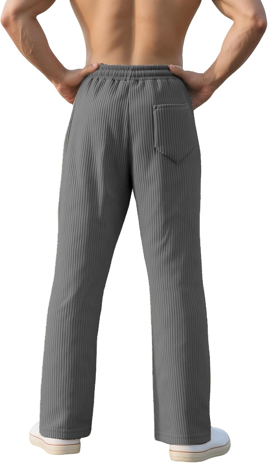 Men's Baggy Sweatpants Straight Leg Open Bottom Corduroy Pants Casual Drawstring Waist Joggers with Pockets - Image 2