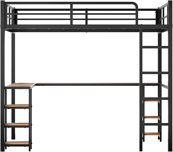 Mixcous Full Size Loft Bed with Desk & Open Shelves, Heavy Duty Metal Bed Frame with Safety Guardrails & Ladder, Loft Beds with Vintage Wood Finish L-Shaped Desk, Black