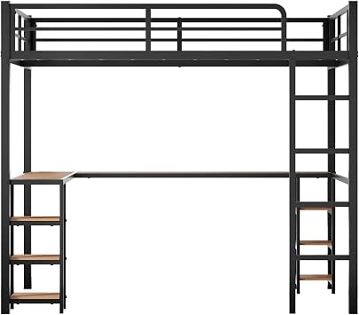 Mixcous Full Size Loft Bed with Desk & Open Shelves, Heavy Duty Metal Bed Frame with Safety Guardrails & Ladder, Loft Beds with Vintage Wood Finish L-Shaped Desk, Black