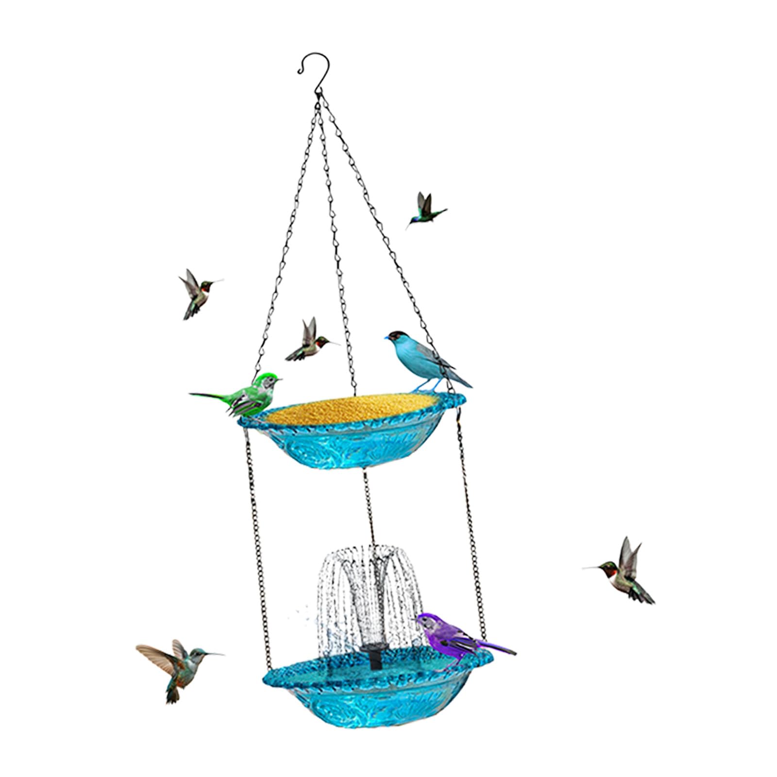 Ekoama Solars Powered Double Layer Bird Bath And Feeder With Fountains For Hummingbirds Garden Decoration Hanging Design