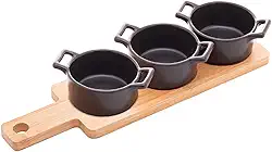 WOLFF - Conjunto Bandeja de Bambu com 3 Petisqueiras Redondas de Porcelana Preta 28,5cm x 10cm x 5cm