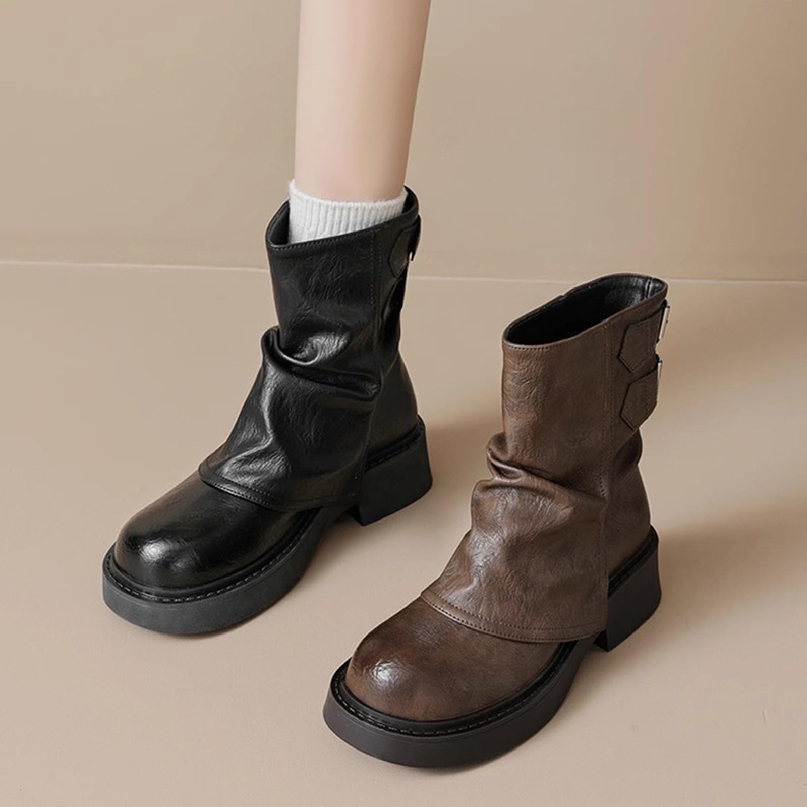 Chelsea Bottines à plateforme pour femme - Style gothique - Bottes de motard pour femme - En cuir synthétique - Largeur H - Bottes d'équitation mi-hautes - Antidérapantes - Bottes d'hiver courtes à