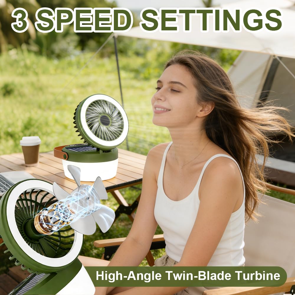 LED Campinglampe Solar, Tragbarer Camping Ventilator mit 4 Leuchtmodi | 3 Windgeschwindigkeiten, Campinglampe Akku Aufladbar für Außenaktivität, Wandern, Zeltlampe, Umgebungslicht, Notfall