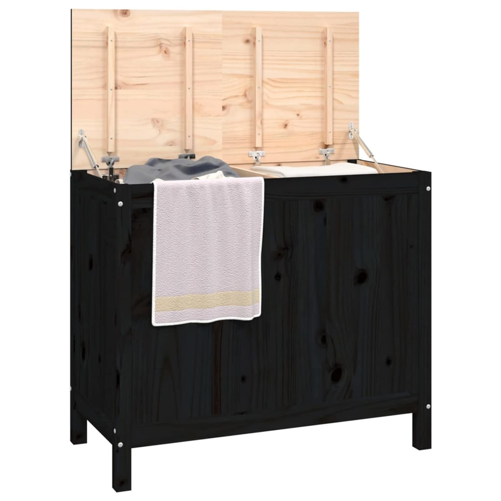 Homgoday Caja para la colada negra 88,5 x 44 x 76 cm madera maciza de pino, muebles, baúles y baúles, contenedor de jardín, porta herramientas de jardín, puf de exterior, baúl de exterior