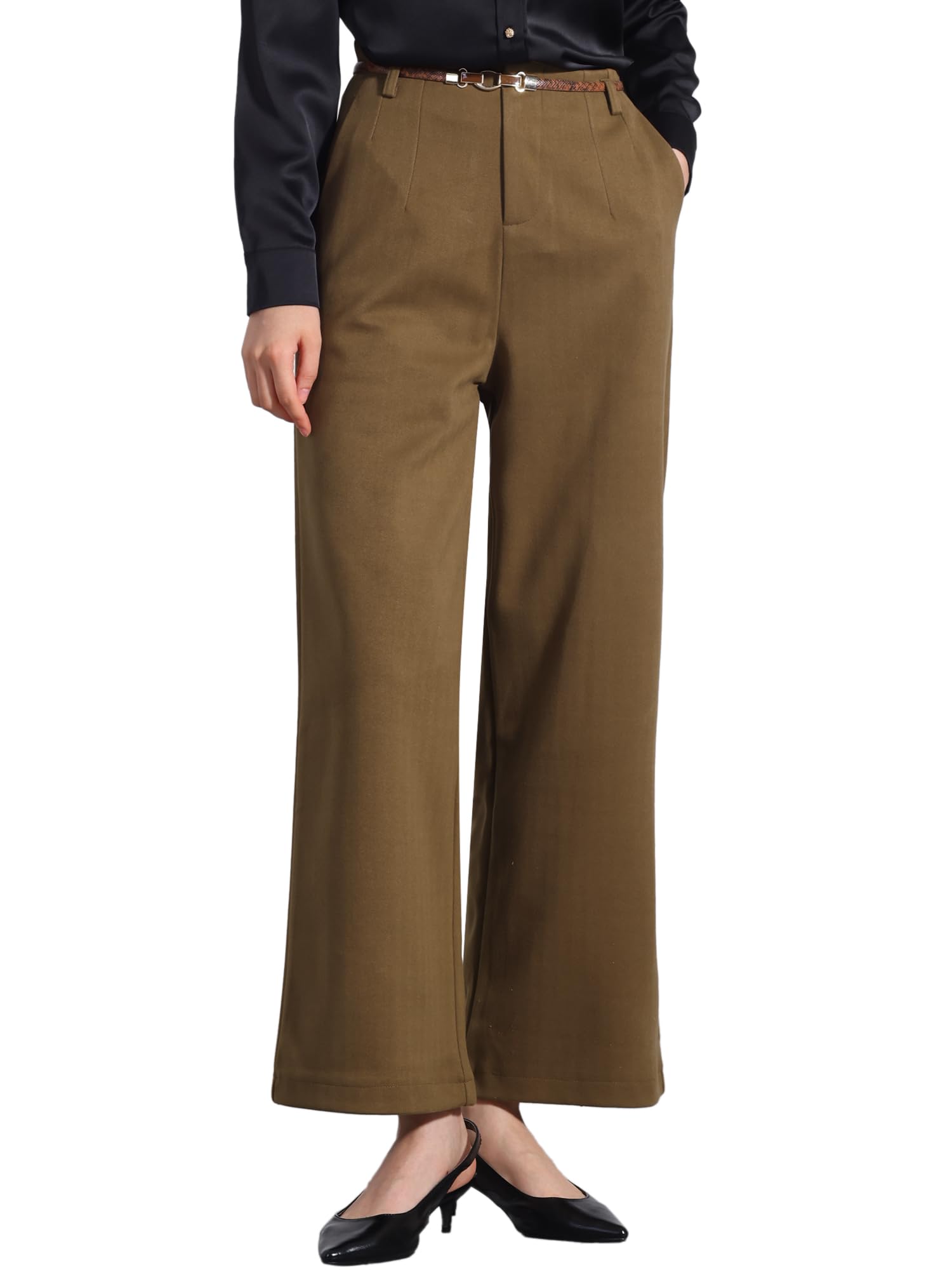 Allegra K Womens Pants Fall Winter Wool Blend High Waist Wide Leg Zipper Pockets Belt Business Casual Pants