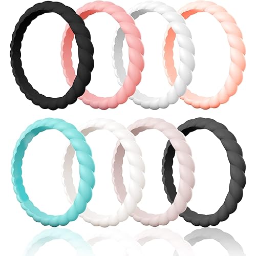 Egnaro Silicone Wedding Ring for Women,Thin and Stackble Braided Rubber Wedding Bands,No-Toxic,Skin Safe