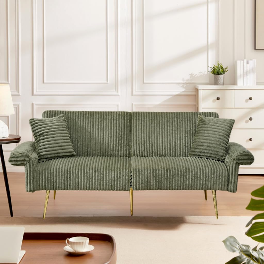 73" Convertible Futon Sofa Bed,Comfy Teddy Fabric Sleeper Couch with 3 Reclining Backrests,Golden Chrome Legs,Modern Cloud Sofa Loveseat for Small