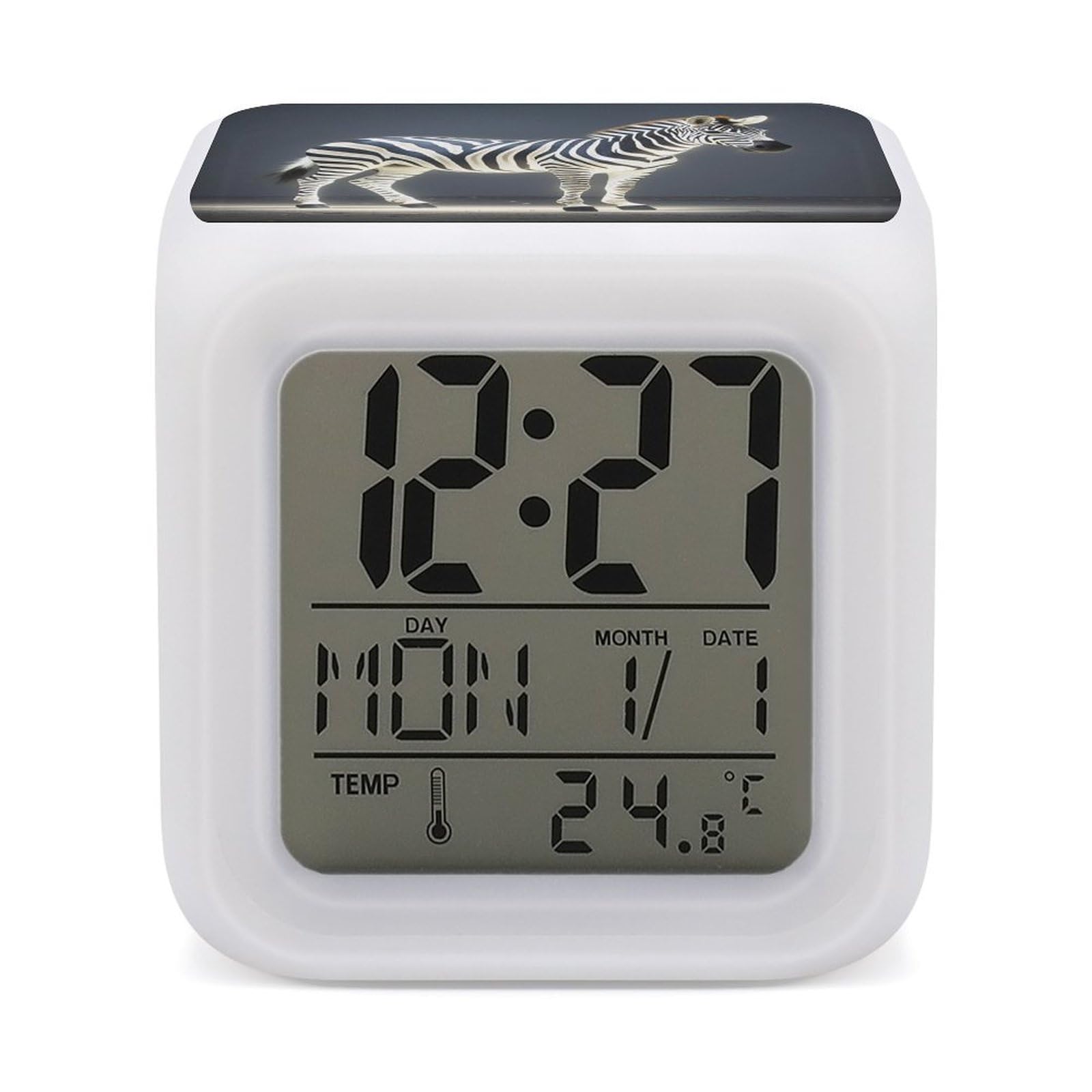 FekiLoot Glowing Zebra Alarm Clock for Heavy Sleepers Wake Up Digital Clock with 7 Color Changing Night Light Super Loud Digital Alarm Clocks Small Machine Alarm Clocks