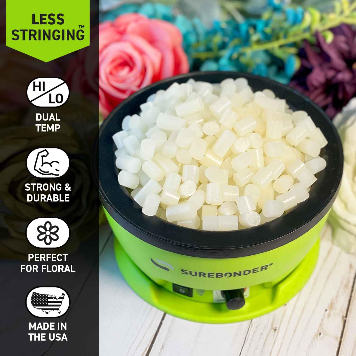 Surebonder Set di padelle per colla a caldo con vasetto di colla verde, 0,5 kg di pellet di colla a caldo, 2 bastoncini antiaderenti e un tappetino protettivo in silicone antiaderente da 48,3 x 48,3