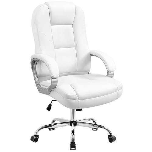 NEO CHAIR Office Chair Computer Desk Chair Gaming - Ergonomic High Back Cushion Lumbar Support with Wheels Comfortable White Leather Racing Seat Adjustable Swivel Rolling Home Executive - White