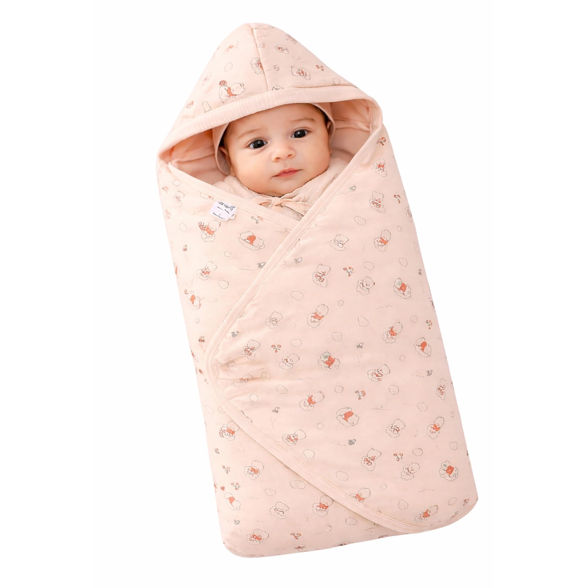 Interlock Cotton Knit Hooded Teddy Printed Wrapper for Newborn L 72 x B 72 cm (0-12 Months) - (Color & Prit May Vary)-image-2