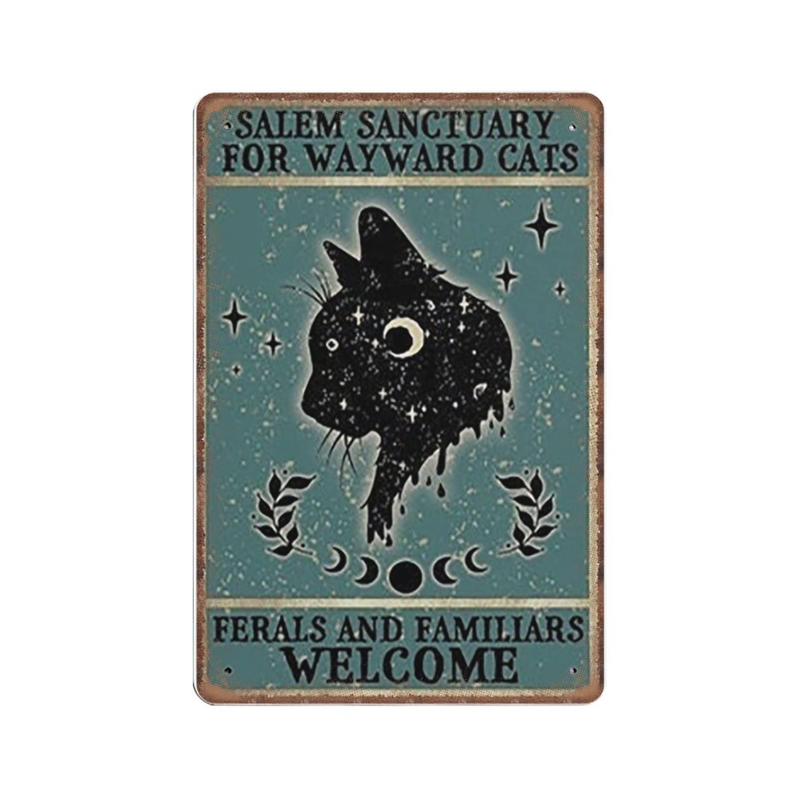 Daiercy Retro Tin Signs 5 Metal Sign Salem Sanctuary For Wayward Cats Ferals And Familiars Welcome Black Cat Halloween Tin Signs Vintage Bar Man Cave Garage Kitchen Home Wall Art Decor 140X200 Mm