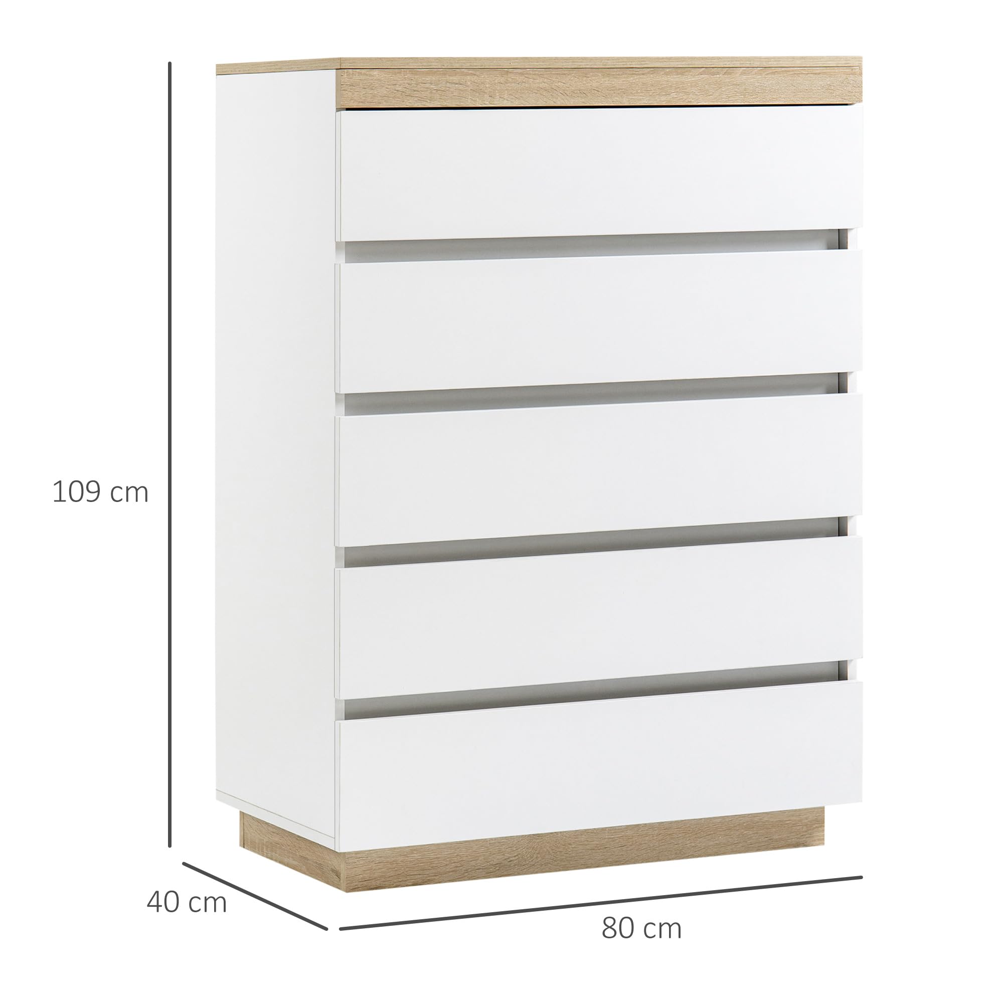 HOMCOM Cassettiera 5 Cassetti in Legno, Cassettiera Camera da Letto con Dispositivo Antiribaltamento, 80x40x109 cm, Bianco e Rovere