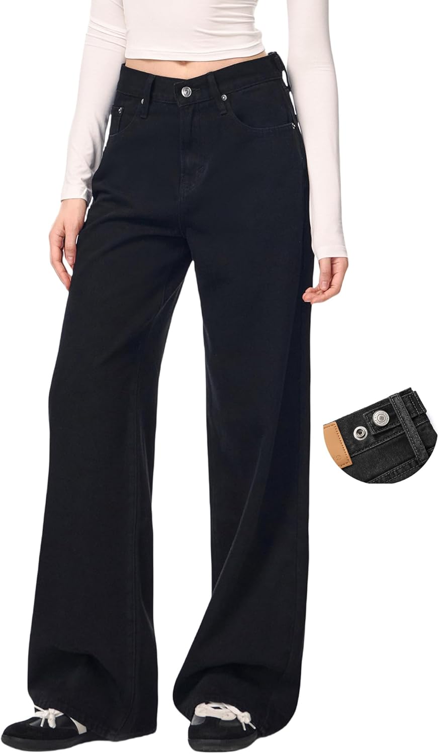 Women’s Adjustable Wasit Baggy Jeans with Snap-Button Waistband Wide Straight Leg High Rise Jeans Denim Pants Y2K Trousers