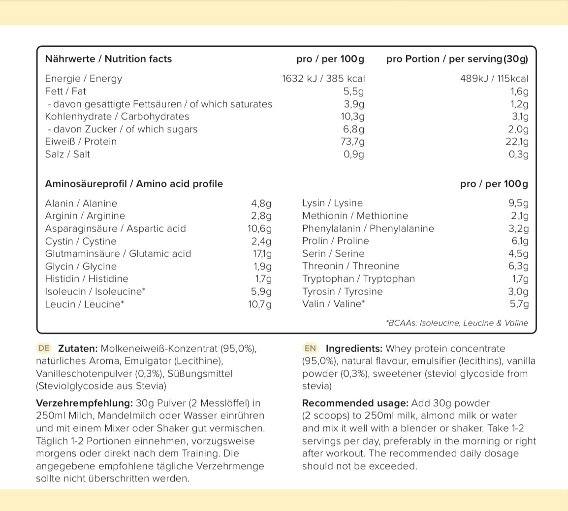 Natural Whey Protein senza additivi - Proteine naturali in polvere senza aromi artificiali e dolcificanti - Dolcificato con stevia - Senza soia - Made in Germany - Vaniglia- 900g