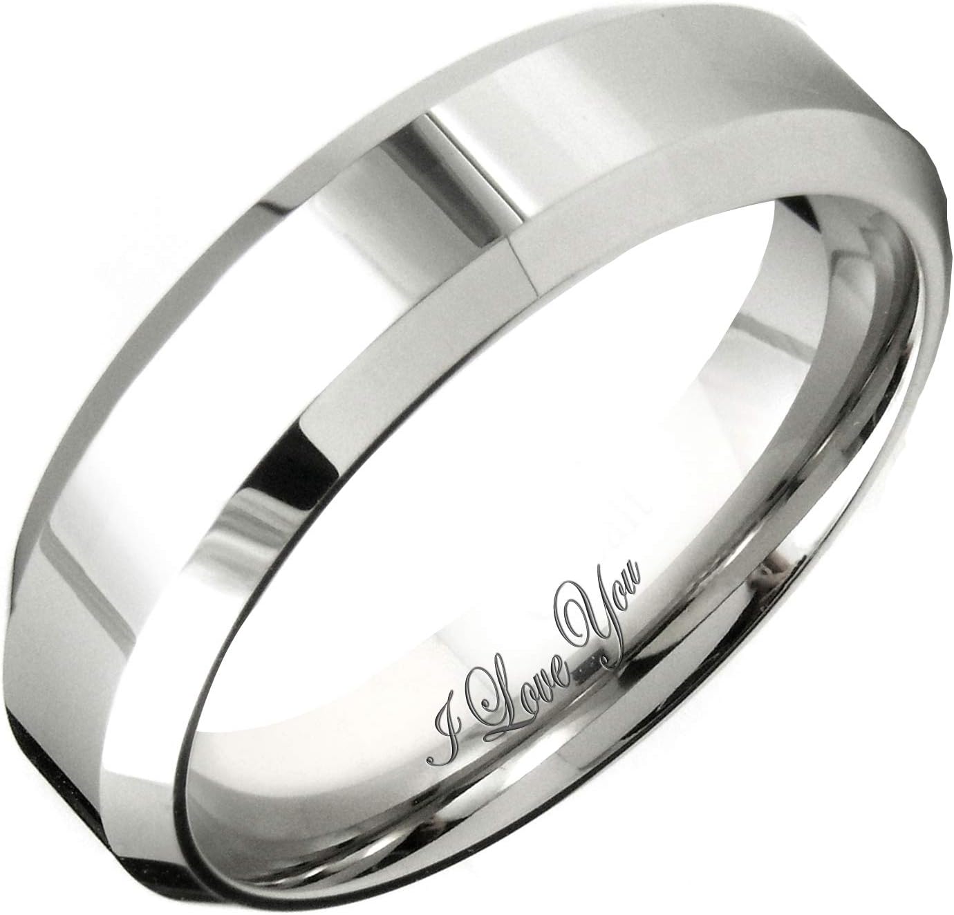 Everstone Women's Shiny Polish 5MM & 7MM Flat Beveled Edge Promise Ring Wedding Bands Titanium Ring Color: Platinum Engraved I Love You