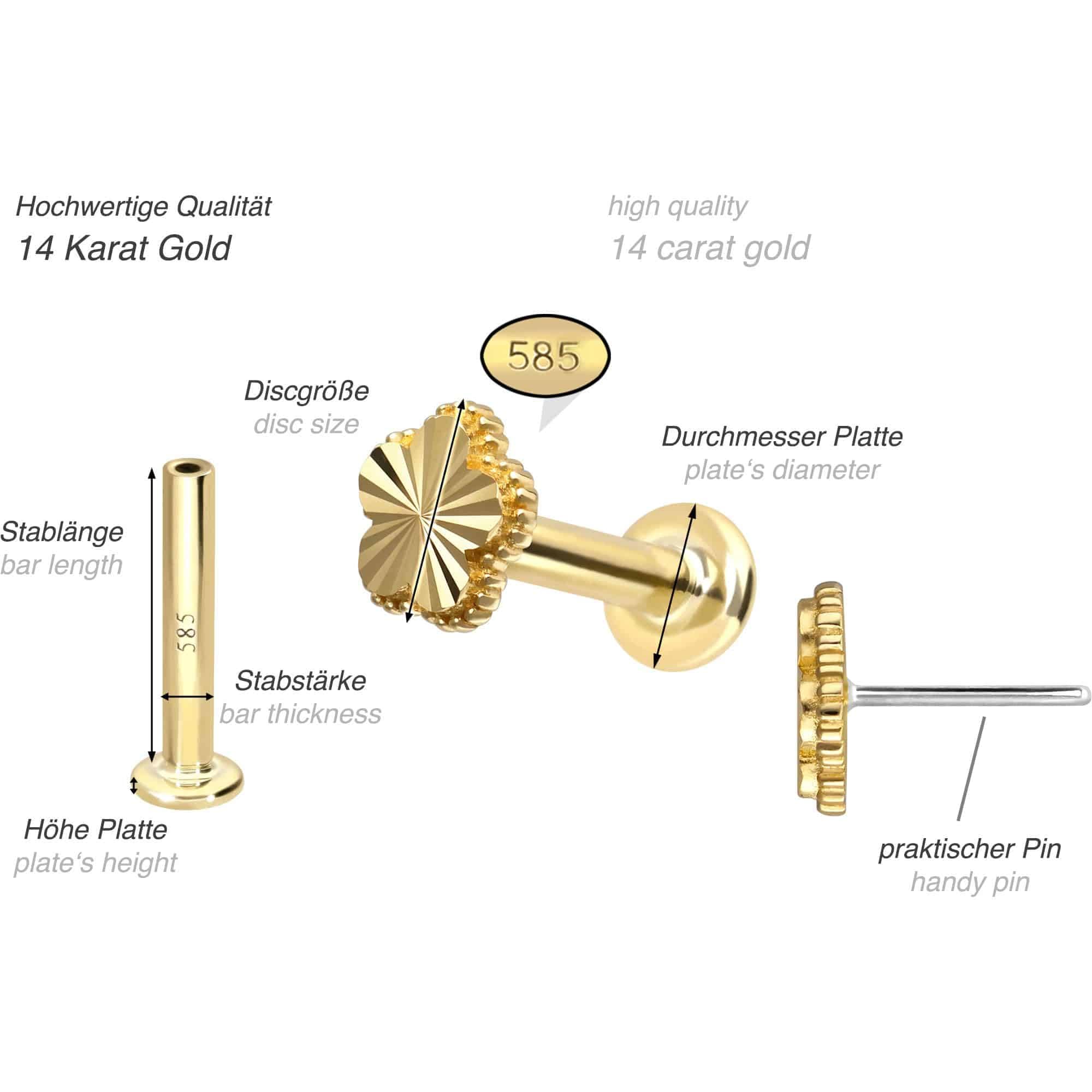 PIERCINGLINE Piercing Stecker 14 Gold Labret mit Push Fit BLUME 585er Gold - Roségoldfarben, Goldfarben, Silberfarben