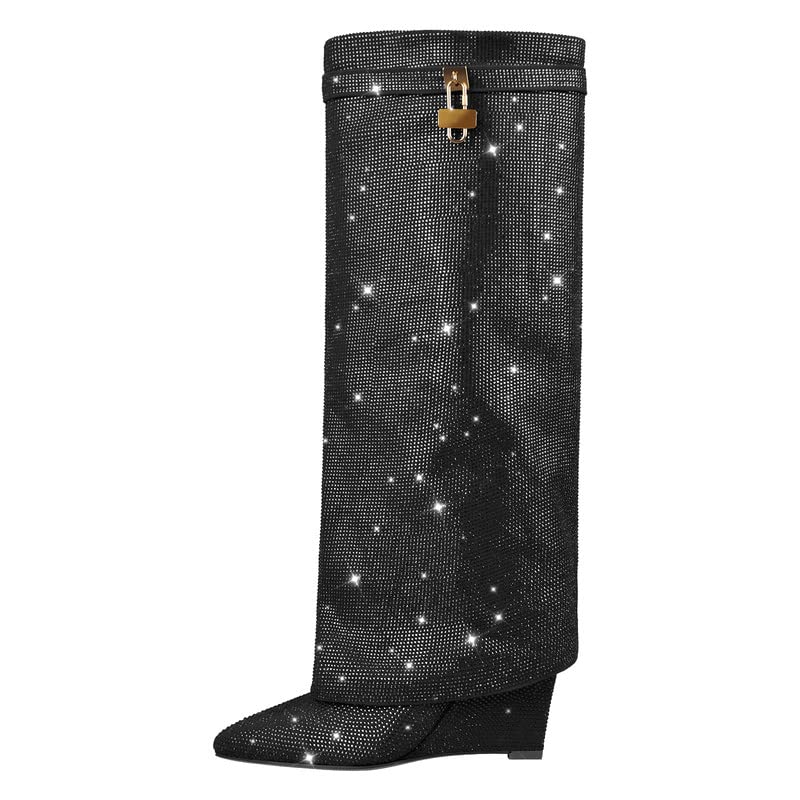 sexytag Womens Sparkly Rhinestone Boots Fold Over Padlock Knee High Wedge Heel Pointed Toe Pull-On Tall Boots2
