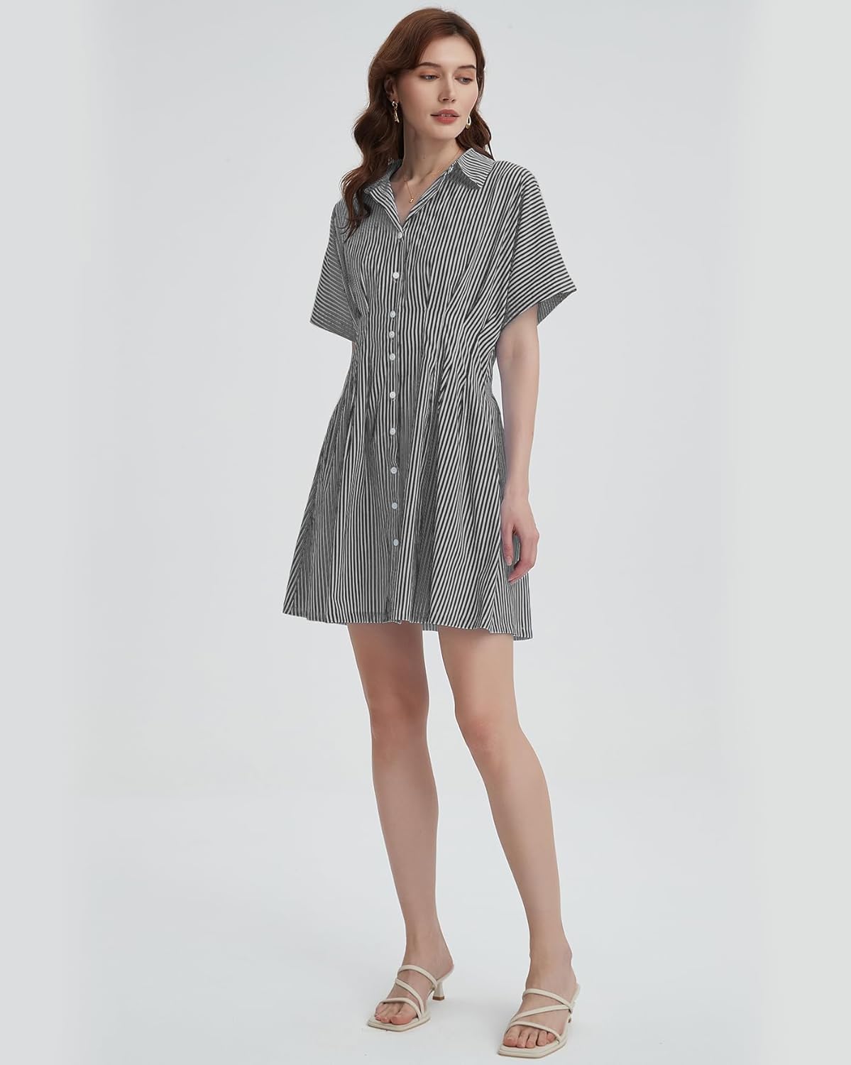 Women's Button Down Pleated Shirt Dress Short Sleeve Corset Waist Striped Summer Causal Mini Dresses - Image 6