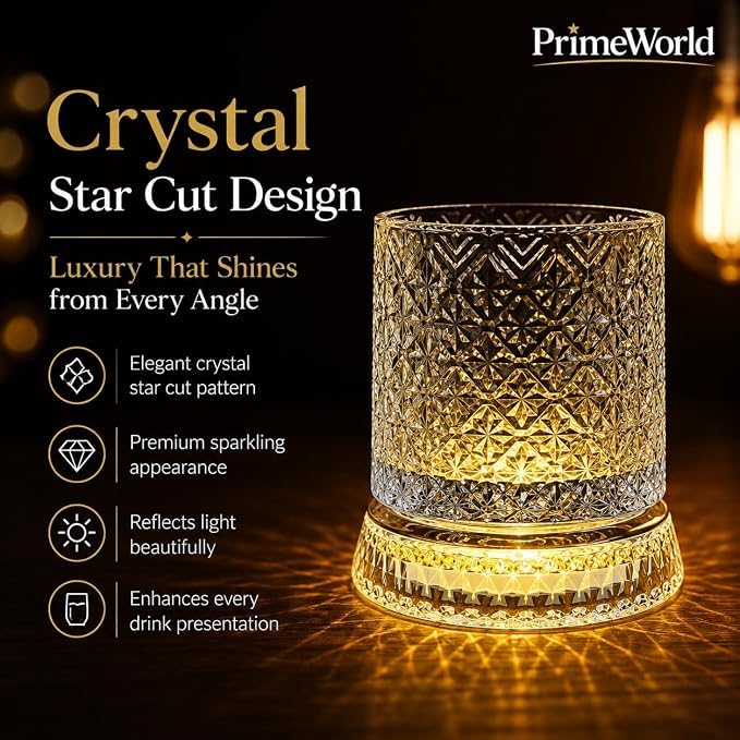 Image of PrimeWorld Premium Rotating Whiskey Glasses - 300ml | Set of 6 | LED Button Cell 360 Spinning Crystal Old Fashioned Tumblers | Lead-Free Carved Cut Rocks Glasses for Whiskey, Scotch, Bourbon, Brandy