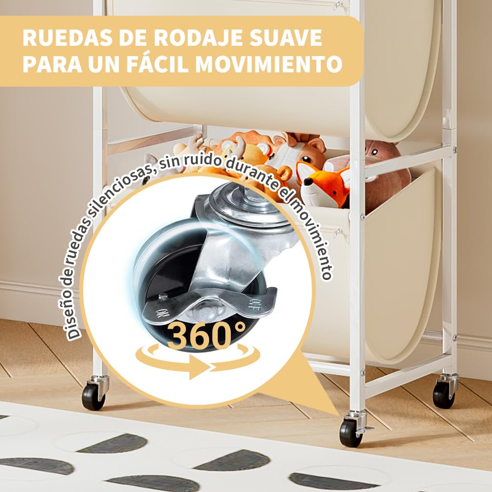 Cesto per biancheria sporca con ruote, organizer per la biancheria a 3 livelli con 3 sacchetti in tessuto rimovibili, classificatore per vestiti da 120 l, scaffale verticale salvaspazio per bagno