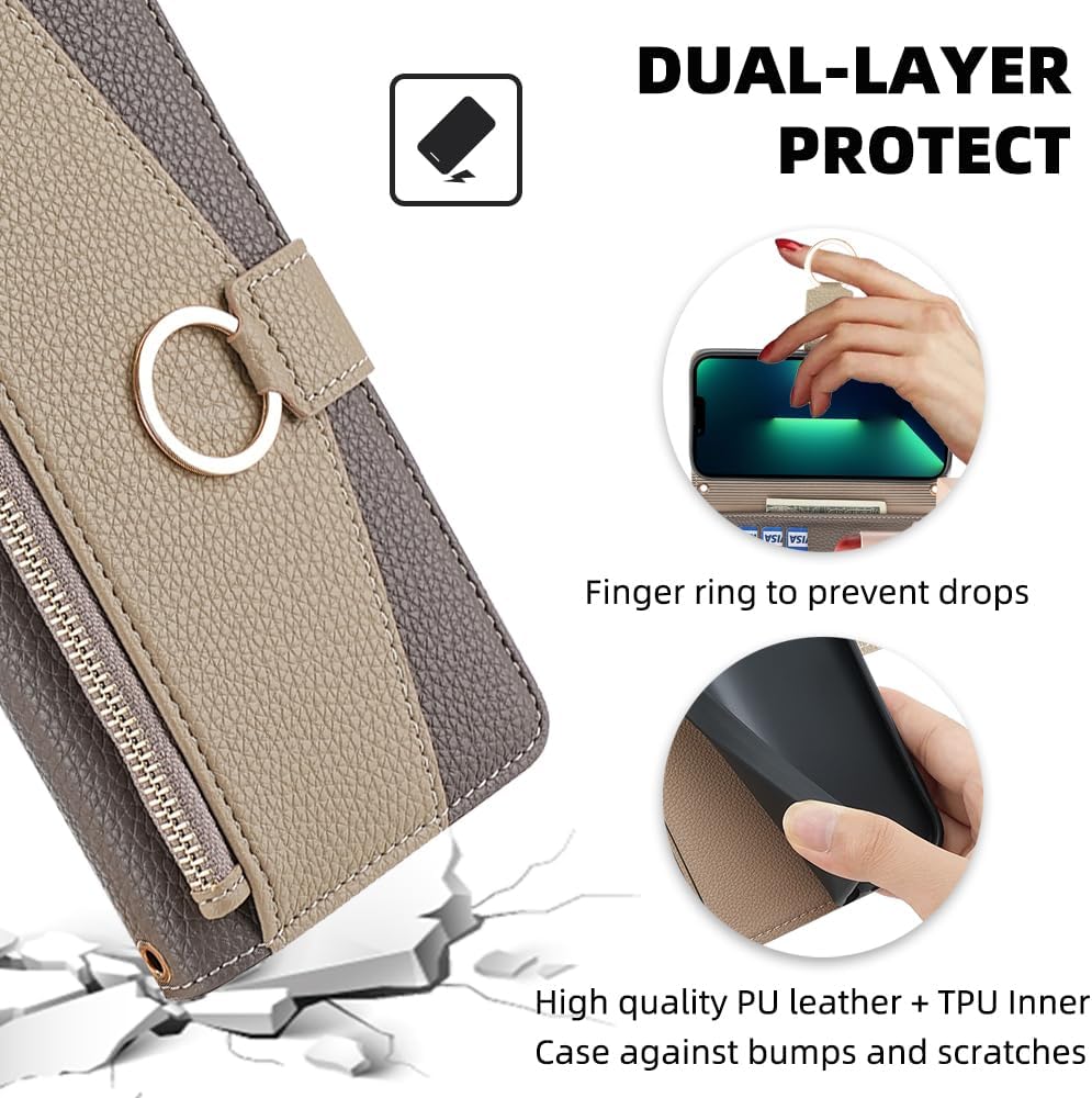 Wallet Case for Honor 9 Flip Phone Case Cover with Crossbody Strap Magnetic Zipper Pocket Makeup Mirror PU Leather Shockproof with Kickstand Shell Gray