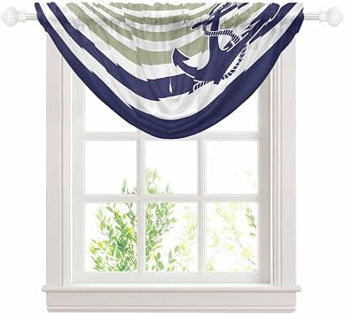 Waterfall Valances for Windows, Striped Anchor Kitchen Sheer Valance Curtains, Navy Blue Nautical Sage Green Geometric Rod Pocket Elegant Swag Valances for Living Room Bedroom, 47.2"x38.5", 1 Panel