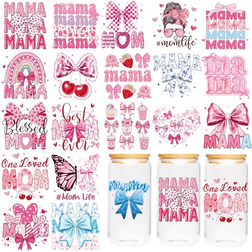 CRASHOT Mom UV DTF Cup Wraps - 20 Sheet Mama UV DTF Transfer Stickers, Pink Bow UVDTF Cup Wraps for Mug Glass, Waterproof Transfer Sticker, Creative DIY Gifts for Mom