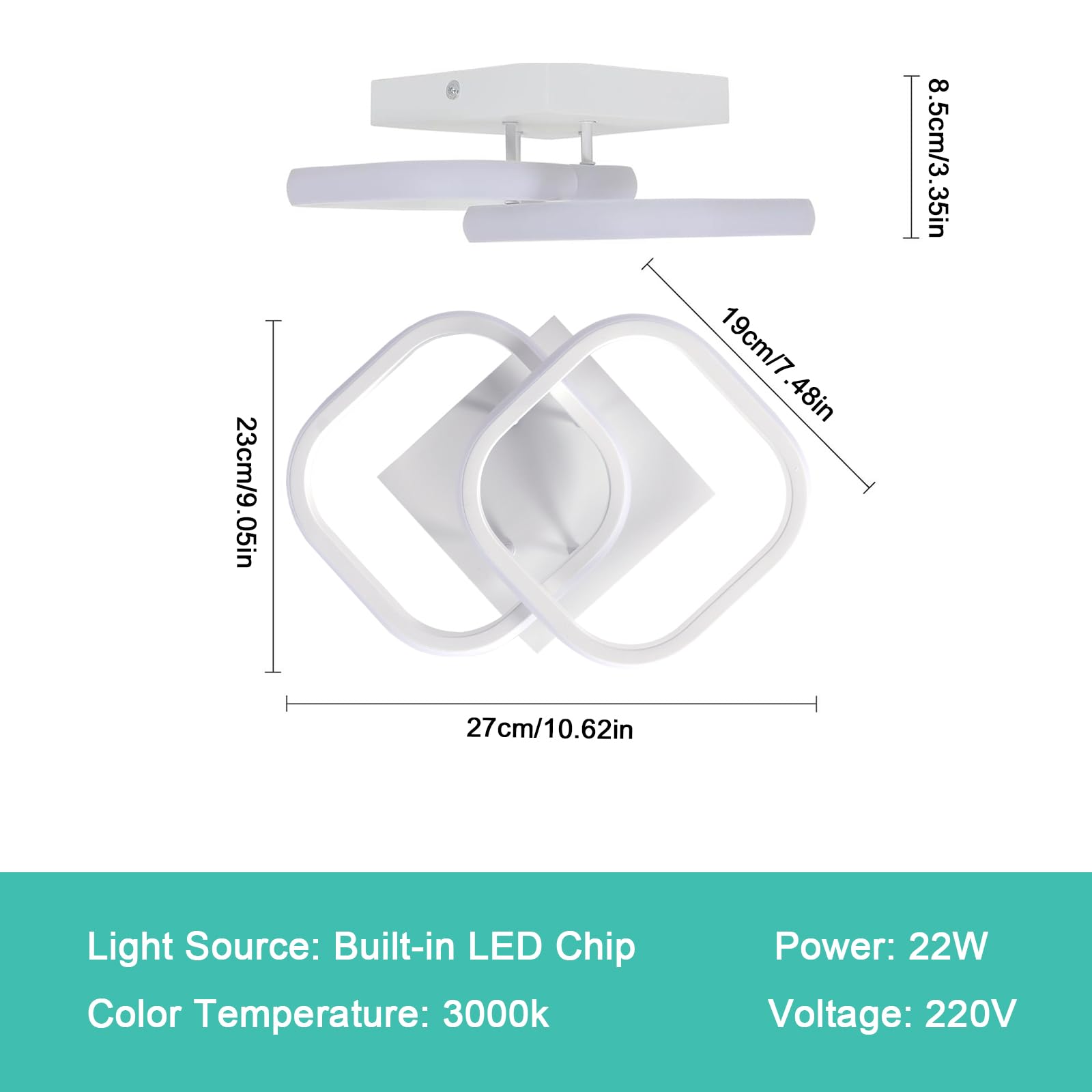 Plafoniera LED Moderna, 2 Pezzi 22W 2475LM per Soggiorno, Lampadario Bianco da Soffitto per Camera da Letto, Corridoio, Cucina - Bianco Caldo 3000K
