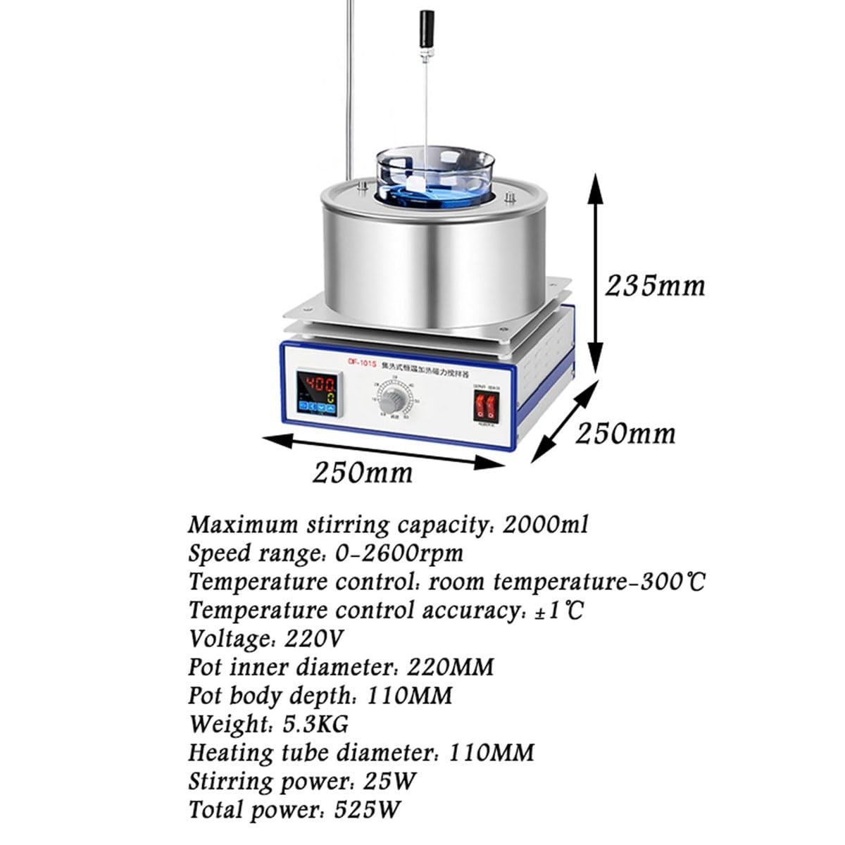Magnetischer Rühr-Heiztopf, 2000 ml Edelstahl-Laborwasserbad & Ölbad für Labor und Industrie
