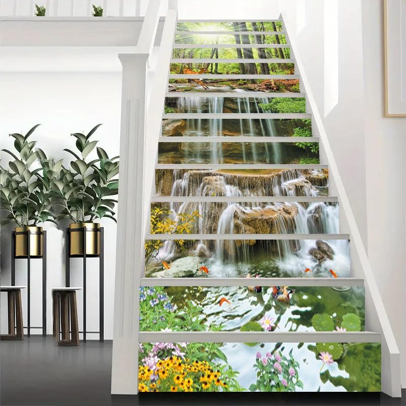 Miniatura 3 de artfanke - 13 adhesivos de escalones con relieve 3D de sol, bosque y cascada, autoadhesivos y para pelar y pegar - adhesivos para escaleras para
