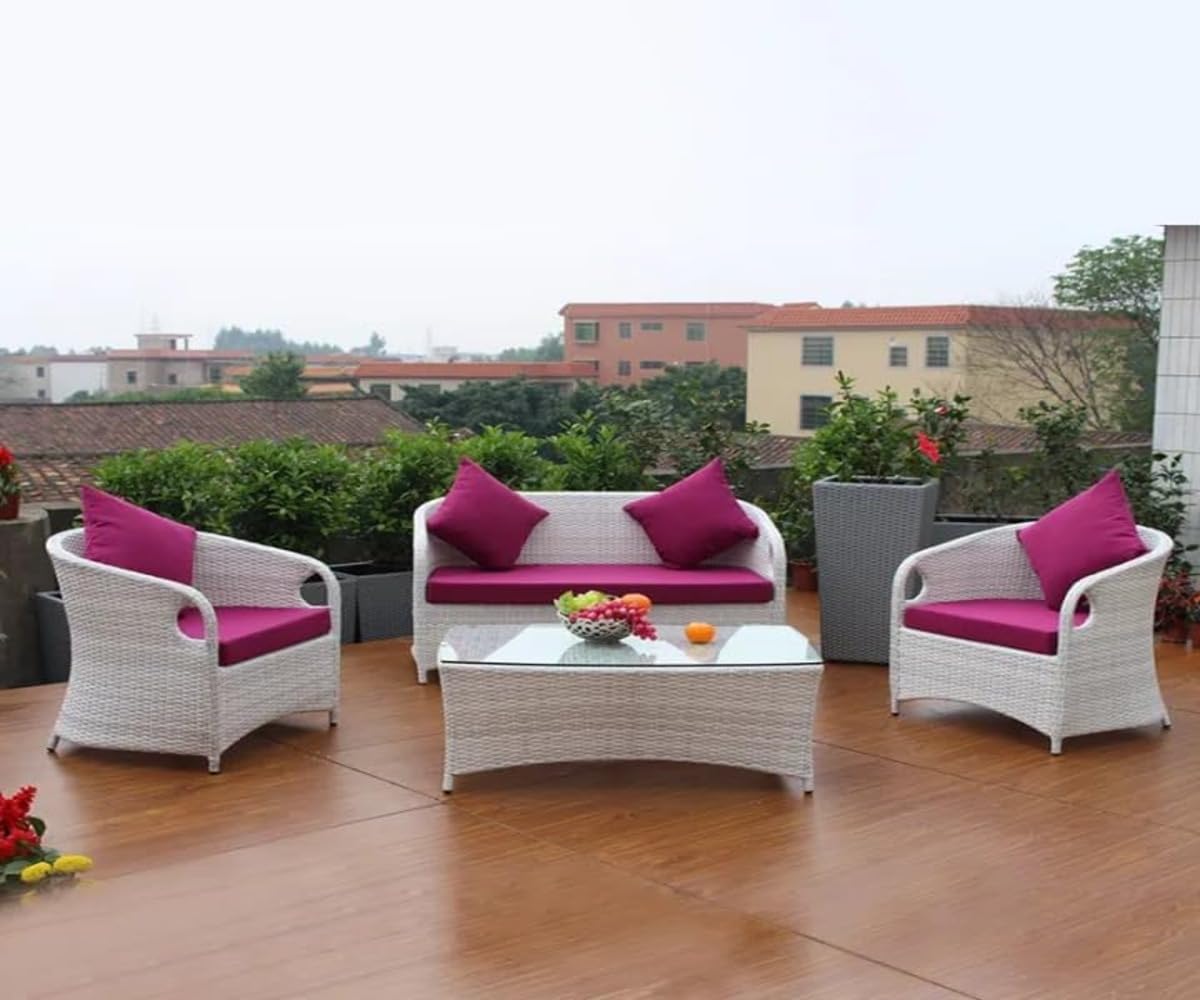 Outdoor Garden Furniture Set � All-Weather Rattan Sofa with Cushions & Coffee Table Patio Garden Furniture Set � 4 Seater Outdoor Sofa with UV-Protected Cushions(White Rattan Red Cushion)