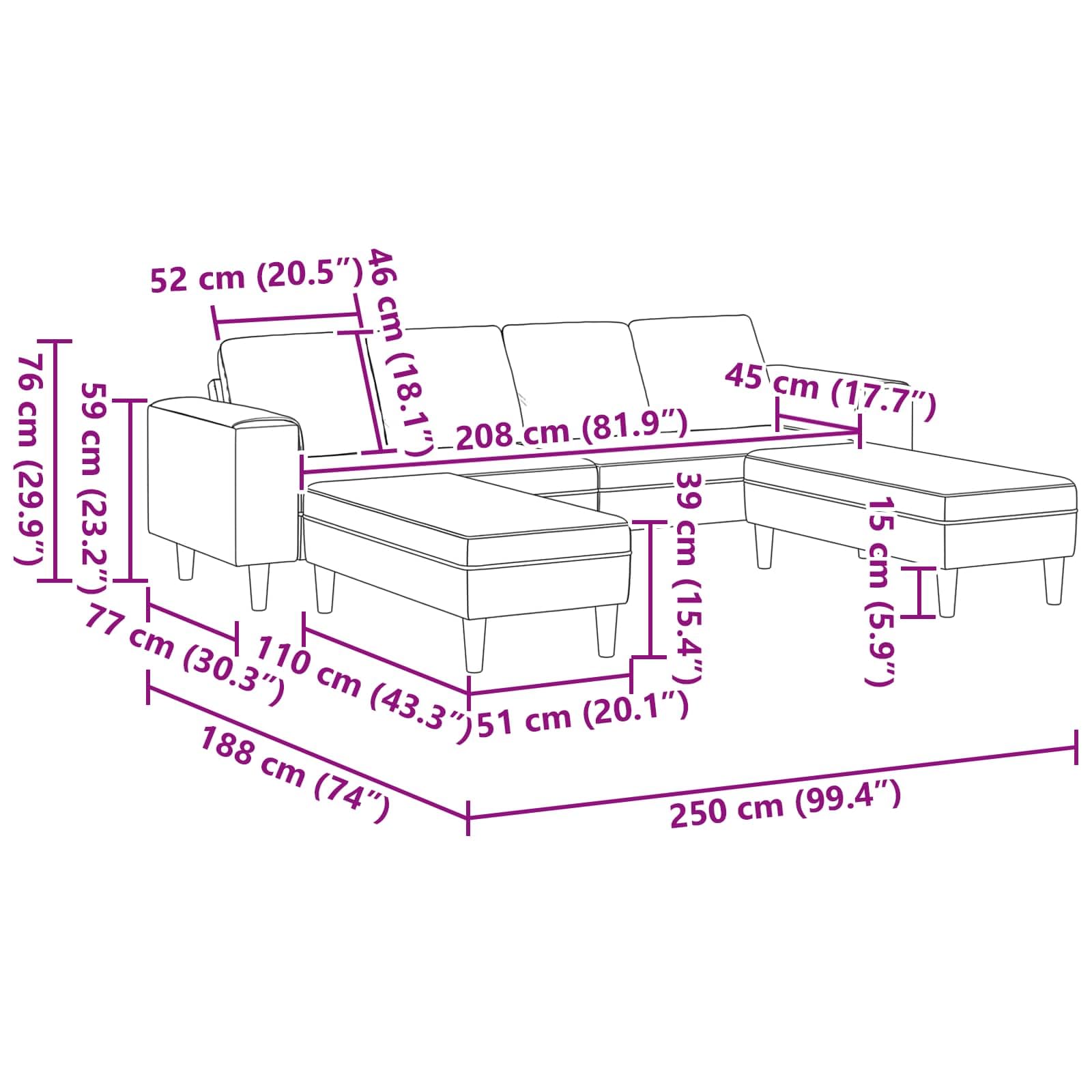 Kanapa do salonu, 3 szt., czarna, 250 x 188 x 76 cm, zestaw tapicerowany z otomaną i recamiere, trzyosobowa sofa z oddychającym obiciem, stabilne oparcie