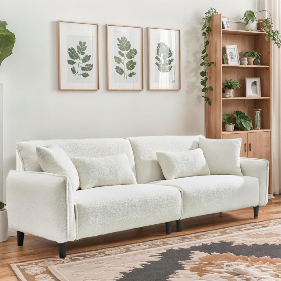 SEE DESCRIPTION 97" Teddy Velvet Sofa, Modern Deep Seat Sofa with 4 Throw Pillow and Armrest, Comfy 3-Seater Cloud Sofa with Wood Legs, Couch for Living Room Bedroom Apartment Home Office (Beige)