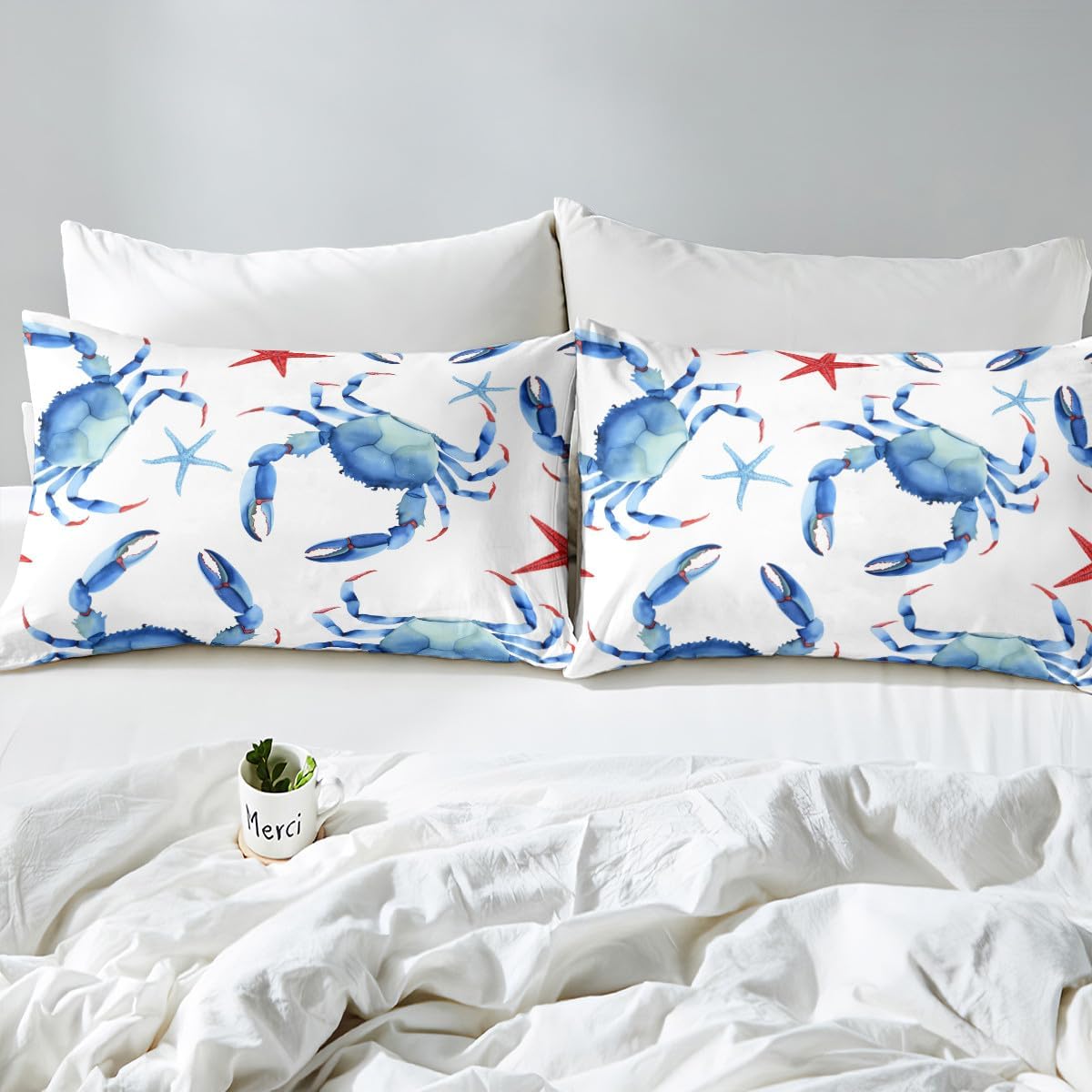 Feelyou Beach Crab Fitted Sheet Boys Girls Starfish Bedding Set Kids Teens Ocean Marine Themed Bed Sheet Set Sea Creatures Bed Cover Room Decor Twin Size