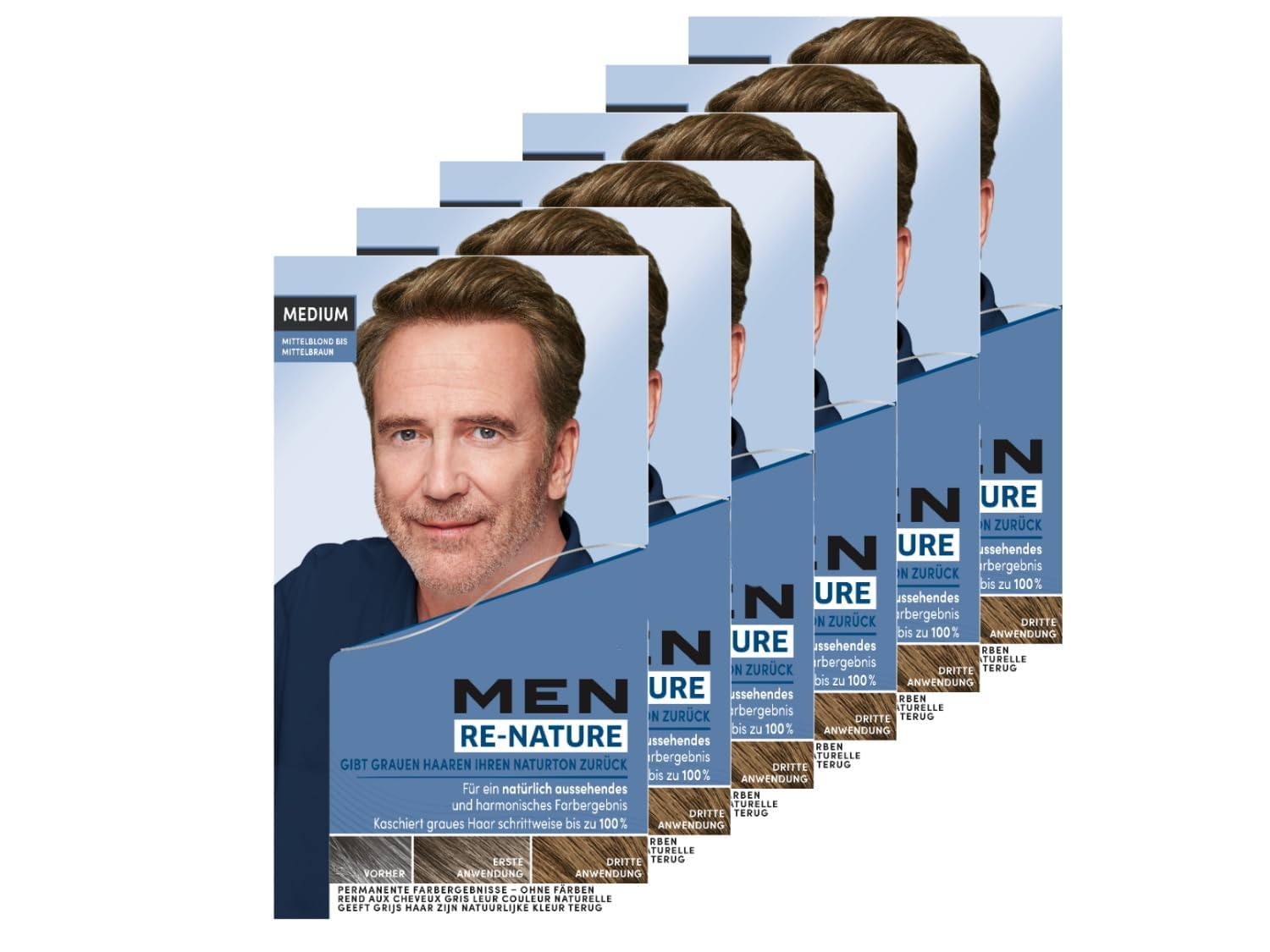 Schwarzkopf Men Perfect Re-Nature Männer Mittelblond bis Mittelbraun (6x 145 ml), Re-Pigmentierungs-Creme, stellt ohne Haare färben die Naturhaarfarbe wieder her und kaschiert schonend graue Haare