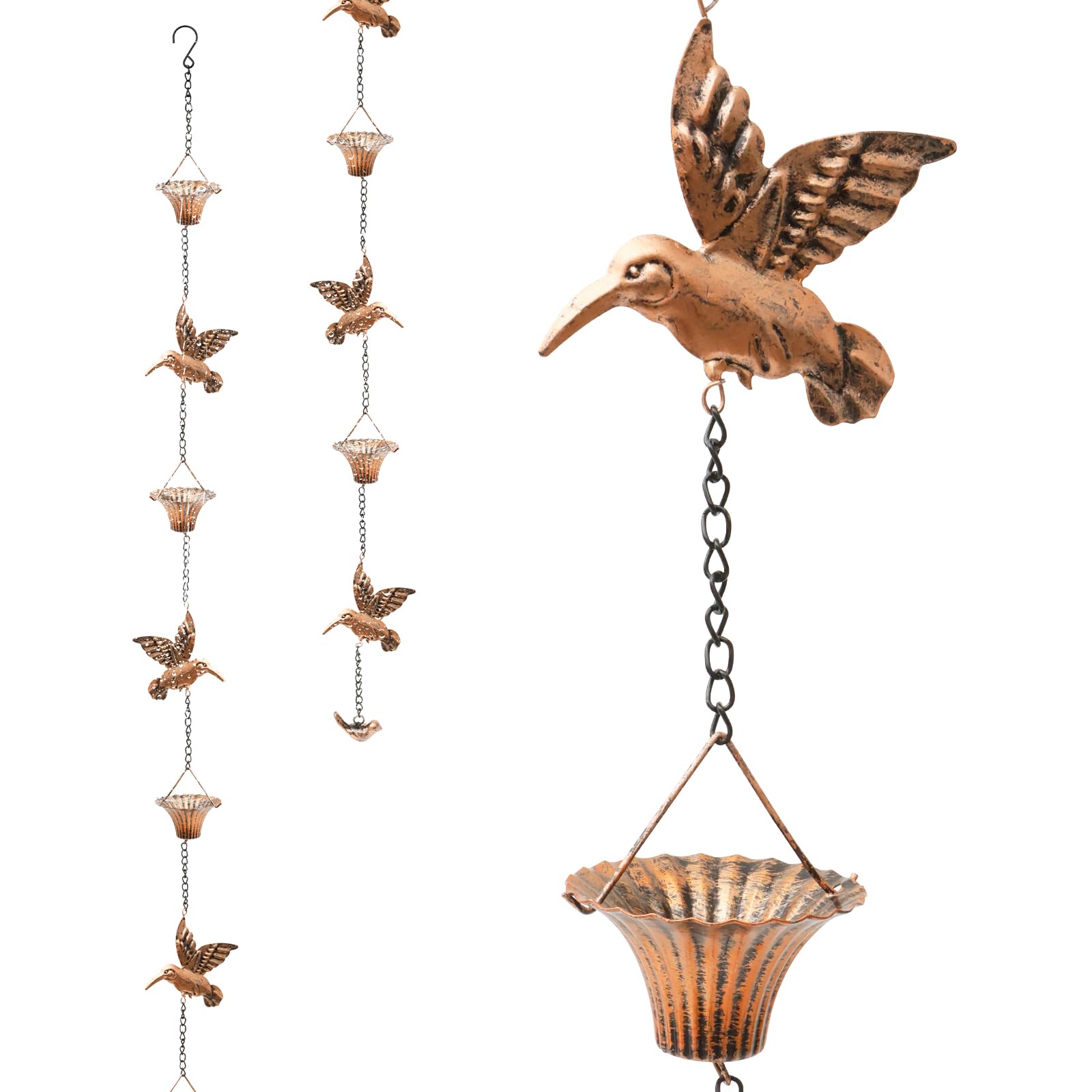 YUNYOUC Rain Chains for Gutters, 2.6m Outside Rustproof Rain Catcher Chain with 7 Metal Cups and Hummingbird Decor, Garden Ornament, Functional Replacement for Downspout(Brown bird)