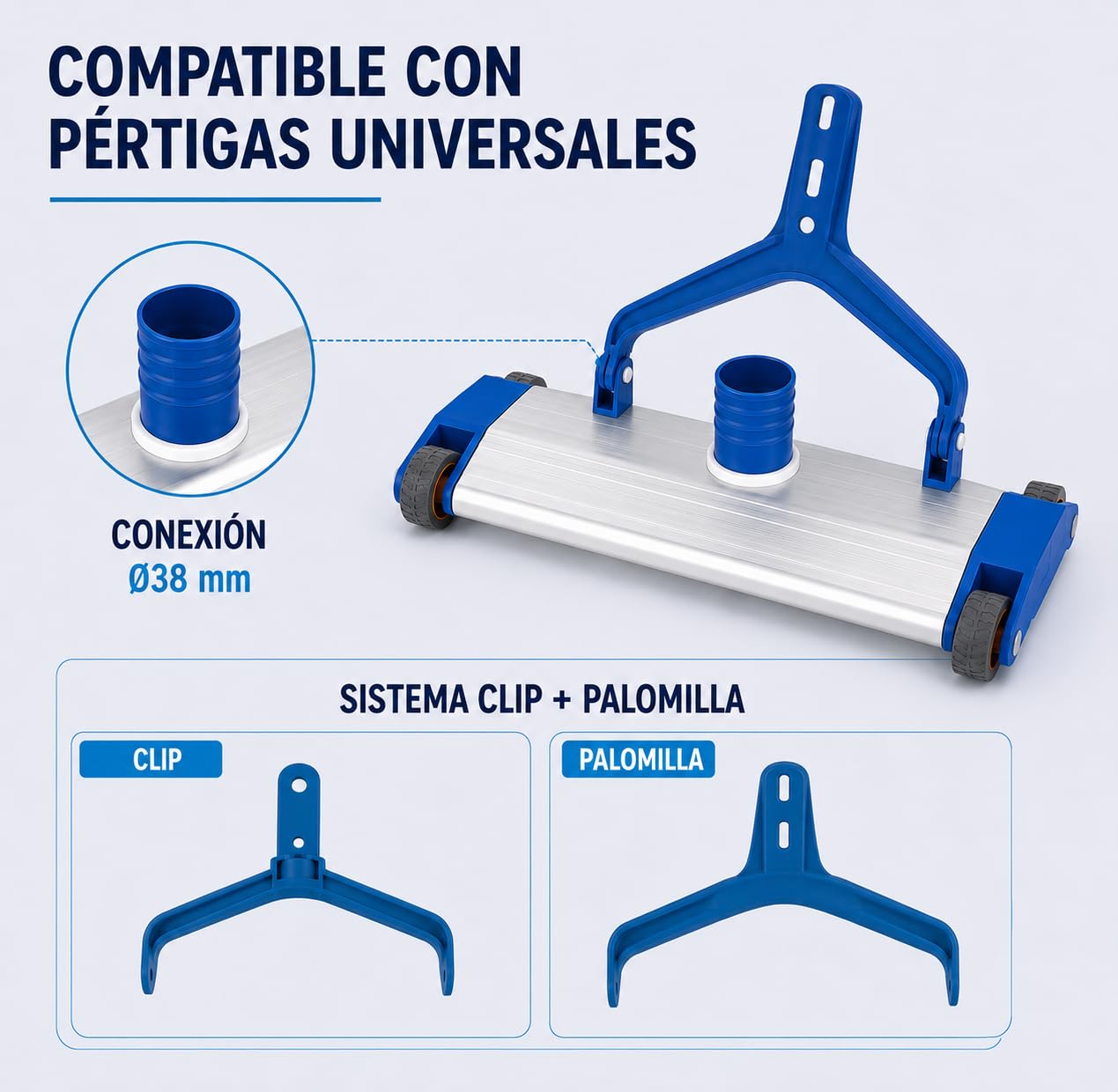SIQUA – Nettoyeur Manuel de Fond de Piscine en Aluminium Résistant. Idéal pour Le Nettoyage et l’Entretien des Piscines. Raccord Tuyau Ø38 mm. Fixation à Papillon et Clip. Longueur 35 cm.