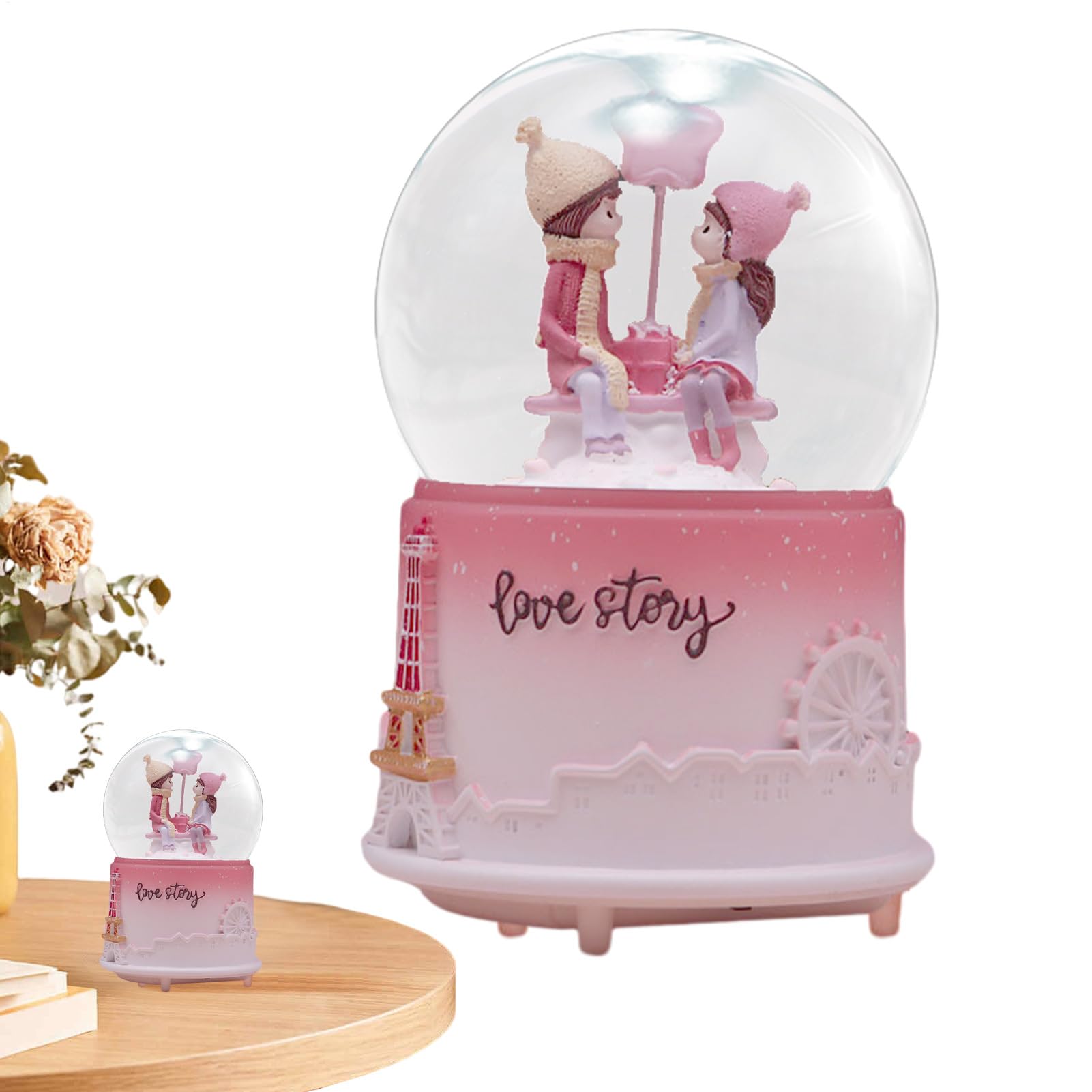 Globo de nieve musical de 5,31 pulgadas con luz LED y figura de pareja romántica