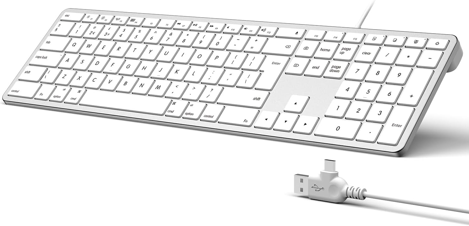 Seenda Wired Keyboard for Mac OS, Full-Size, Slim & Quiet, with Numeric Pad & 2-in-1 USB A/Type C Connector, Ideal for Home & Office - UK Qwerty Layout, White and Silver