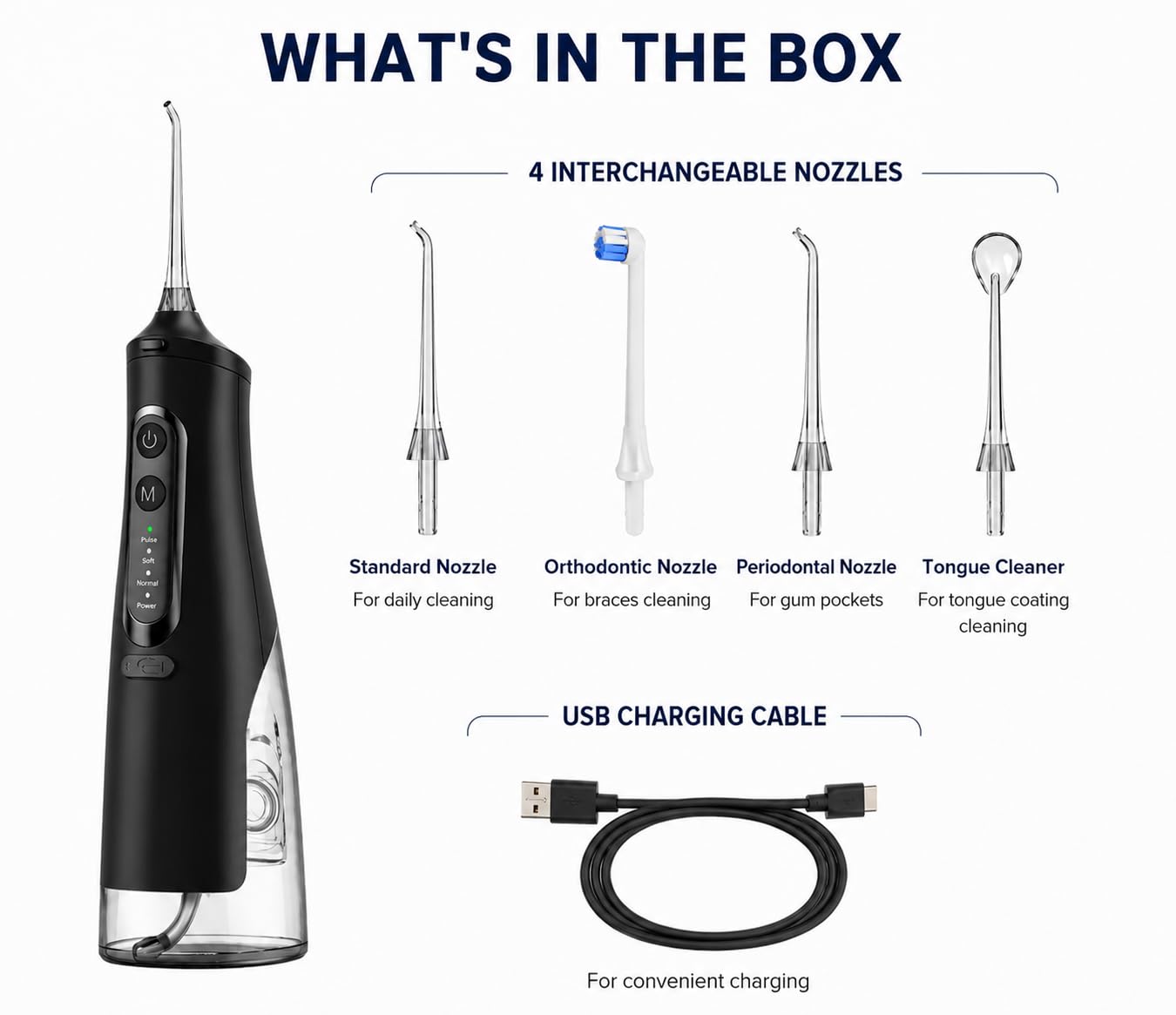 Idropulsore per denti, ricaricabile con serbatoio d'acqua da 310 ml, batteria da 1500 mAh, rimozione placca, 4 modalità, impermeabile IPX7, filo interdentale per parentesi graffe e gengive sensibili