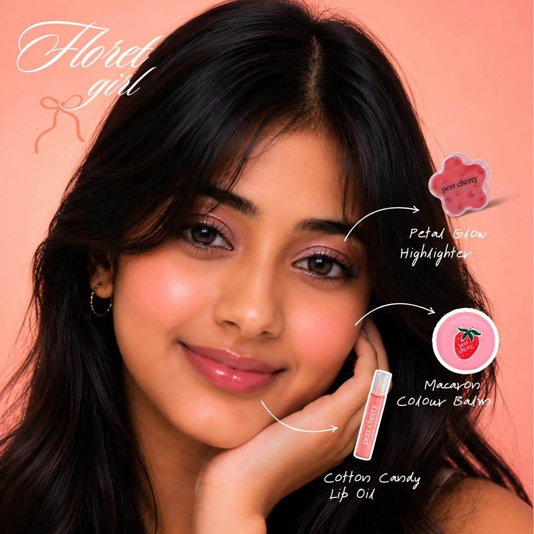 Perr Cherry 4 PCS Organic Makeup Kit for Kids, Preteens & Teen Girls | 100% Natural & Skin Friendly | Includes Eye & Cheek Highlighter, Lip & Cheek Tint, Lip Oil, Brush (Floret Kit, Assorted Colour) 3