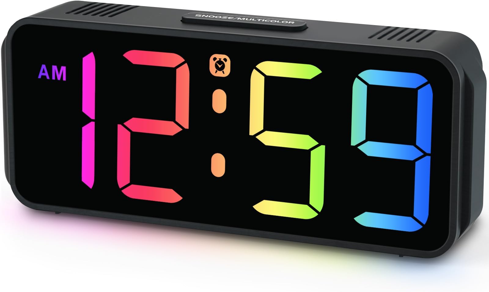 Small Tiny Digital Alarm Clock Plug in for Kids Bedroom Bedside Nightstand, RGB Colorful Changing Large Display for Travel, Dimmable 6 Brightness, Corded Electric Battery Backup (Black - RGB)