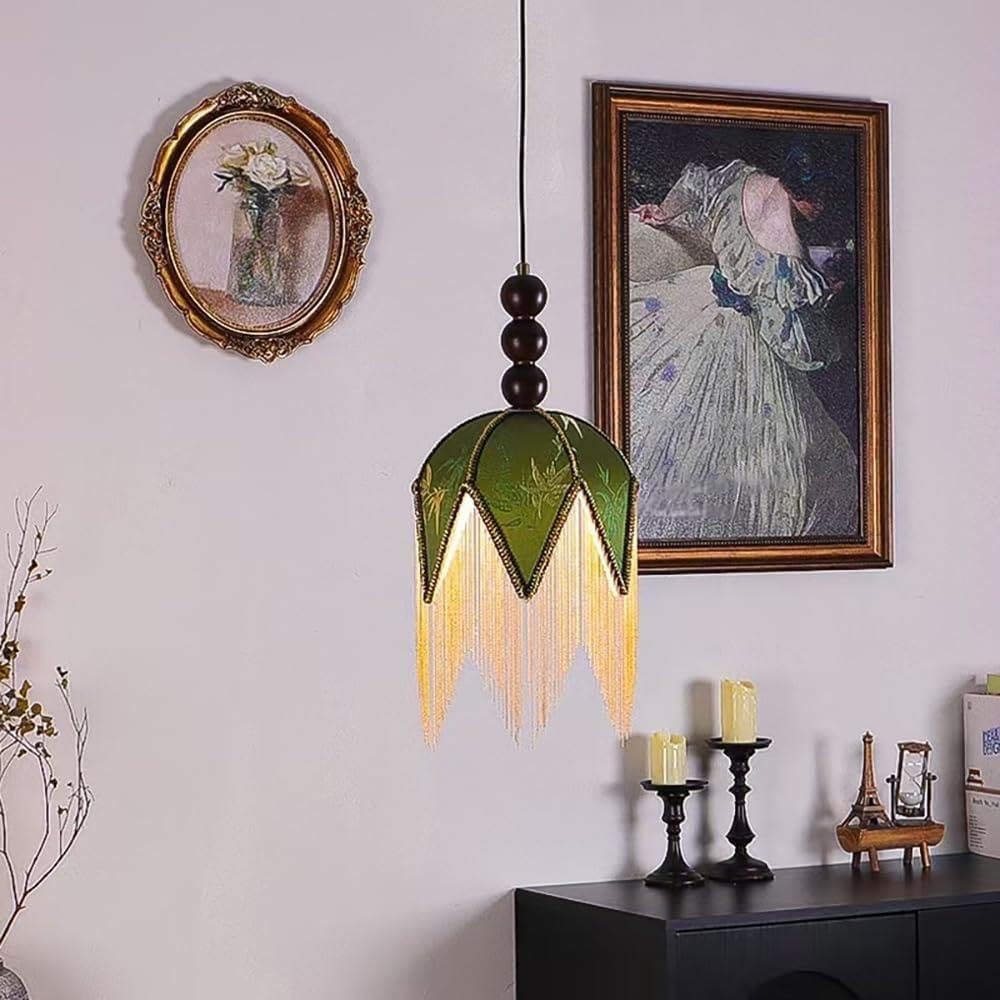 Lampe Suspendue Vintage Tissu Brodé Pompons Vert Style Français