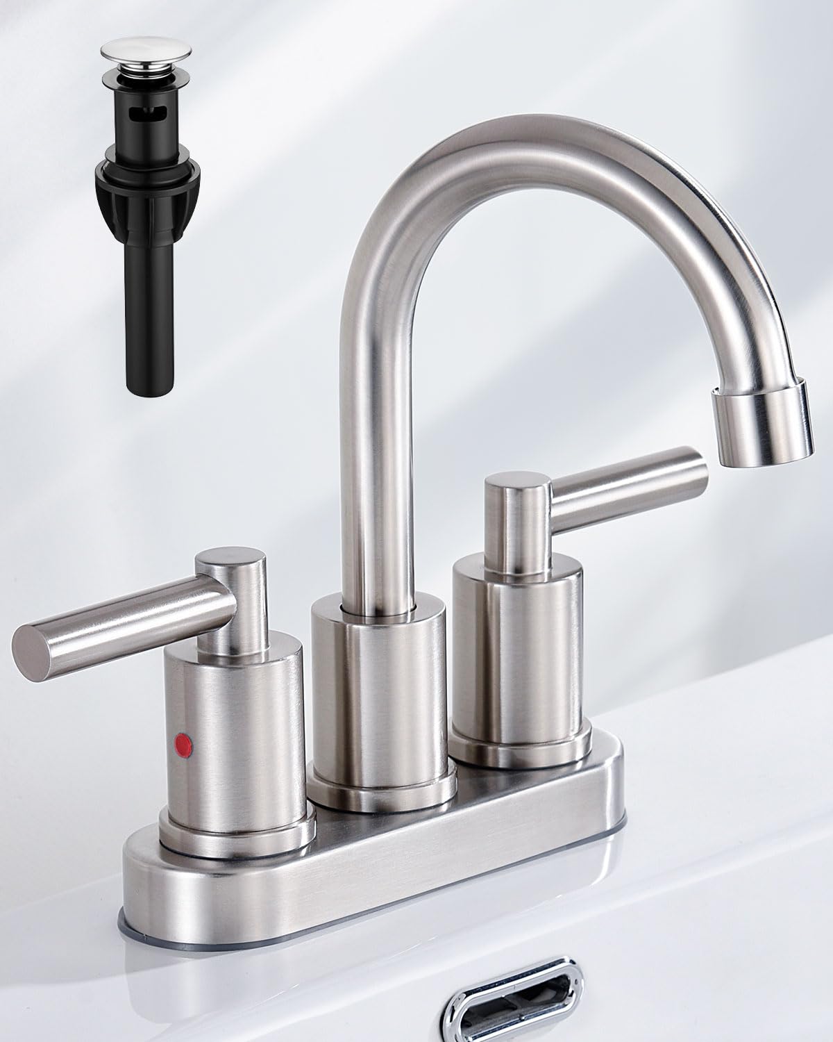 Brushed Nickel Bathroom Faucet 4" Centerset Bathroom Faucets KPAIDA Bathroom Faucet 3 Hole Stainless Steel Bathroom Sink Faucet 2 Lever Handles Bathroom Vanity Faucet with Pop Up Drain and 2 Hoses