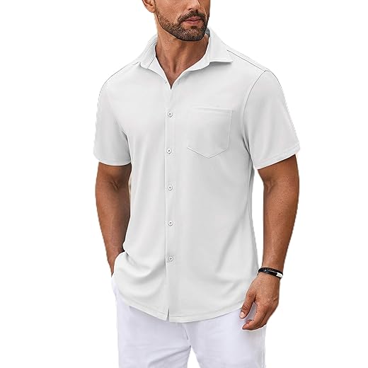 Camisa masculina casual de botão sem tucked manga curta sem rugas
