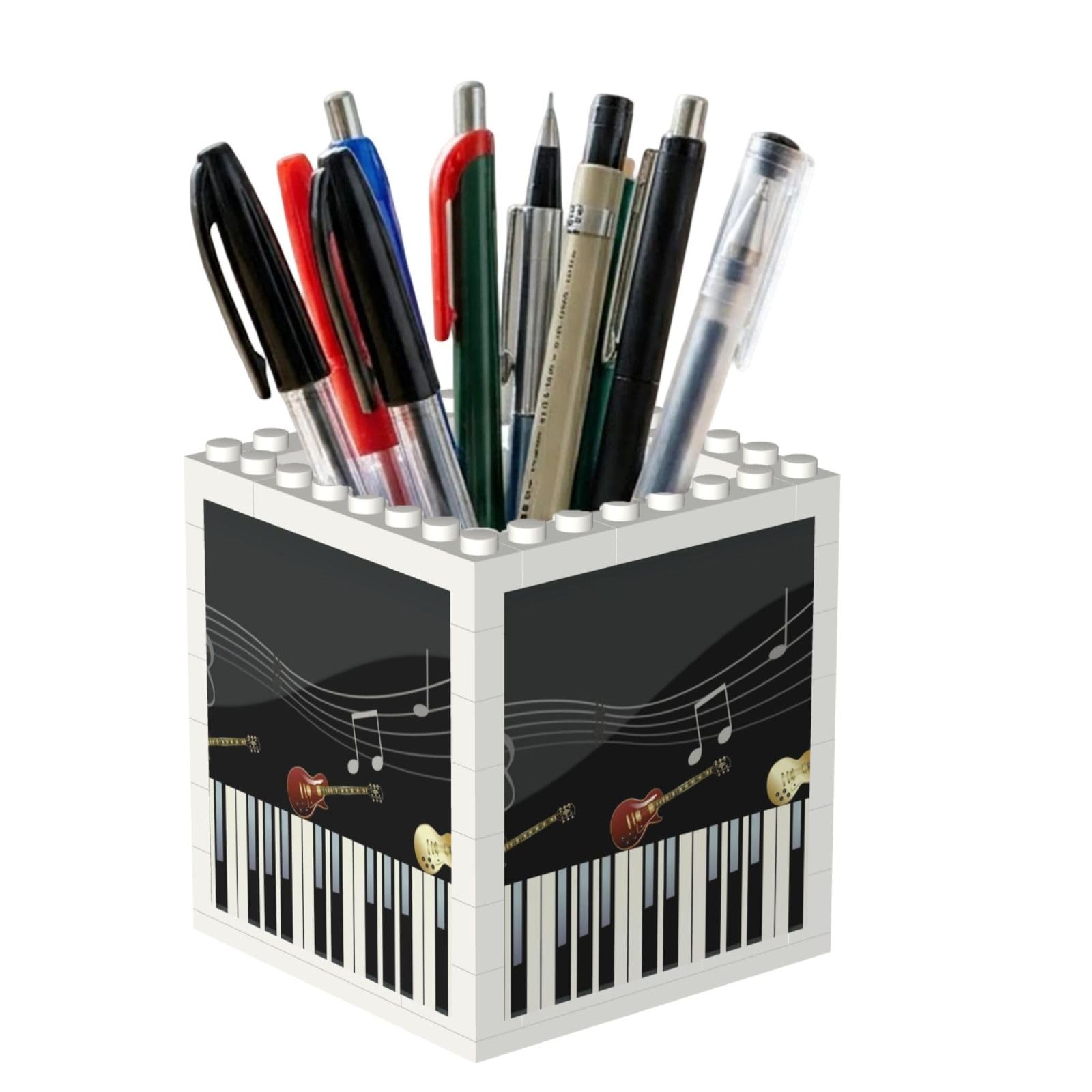 Poadnly Guitar Piano Pattern Print, Pen Pot Pencil Holder for Office Home School, Compact Desk Organiser for Office Stationery